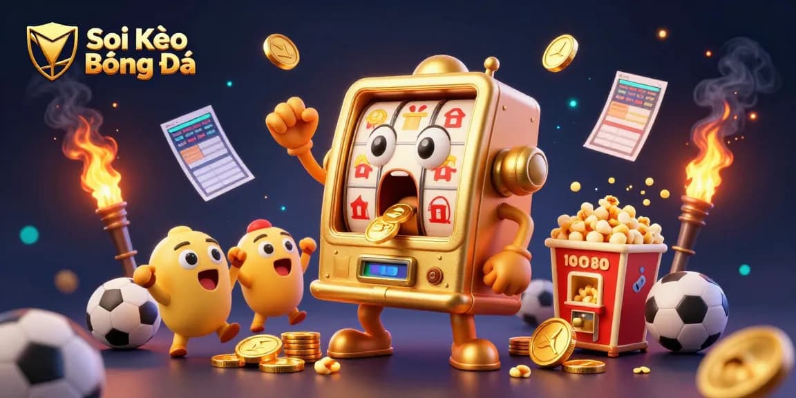 Soi Kèo Bóng Đá showcases a golden slot machine hitting a jackpot amidst cheering baby slots and sports betting elements.