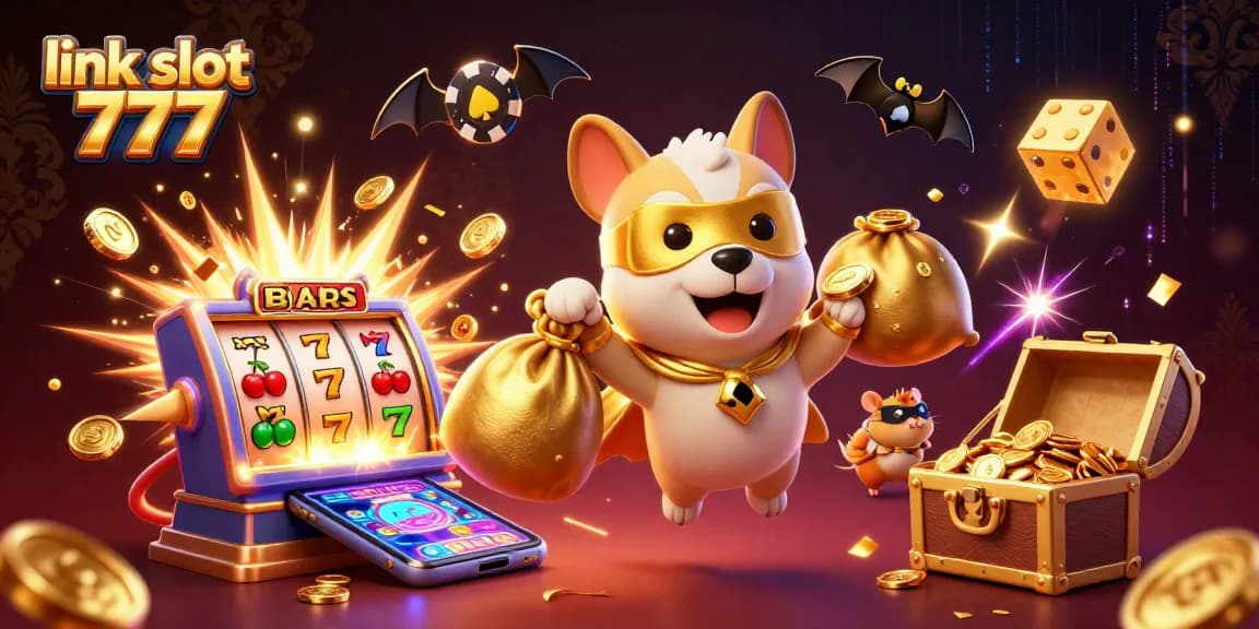 Engage in thrilling gameplay with link slot 777 featuring a cartoon dog superhero, slot machines, and casino excitement.