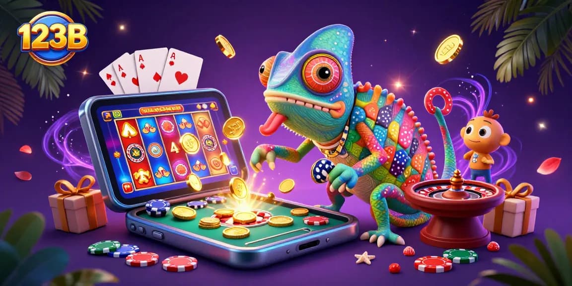 Engage with thrilling 123B casino action as an enormous chameleon collects golden coins amidst vibrant gaming elements.