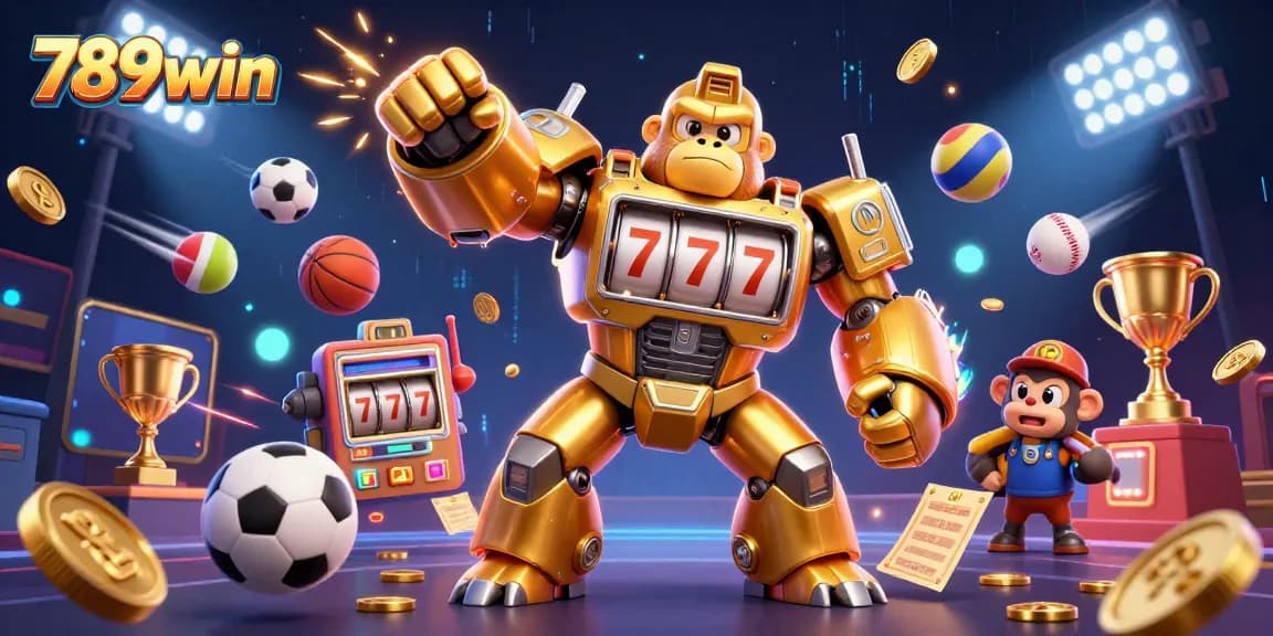 Experience exciting wins with 789win, featuring a golden gorilla mech and dynamic sports elements.