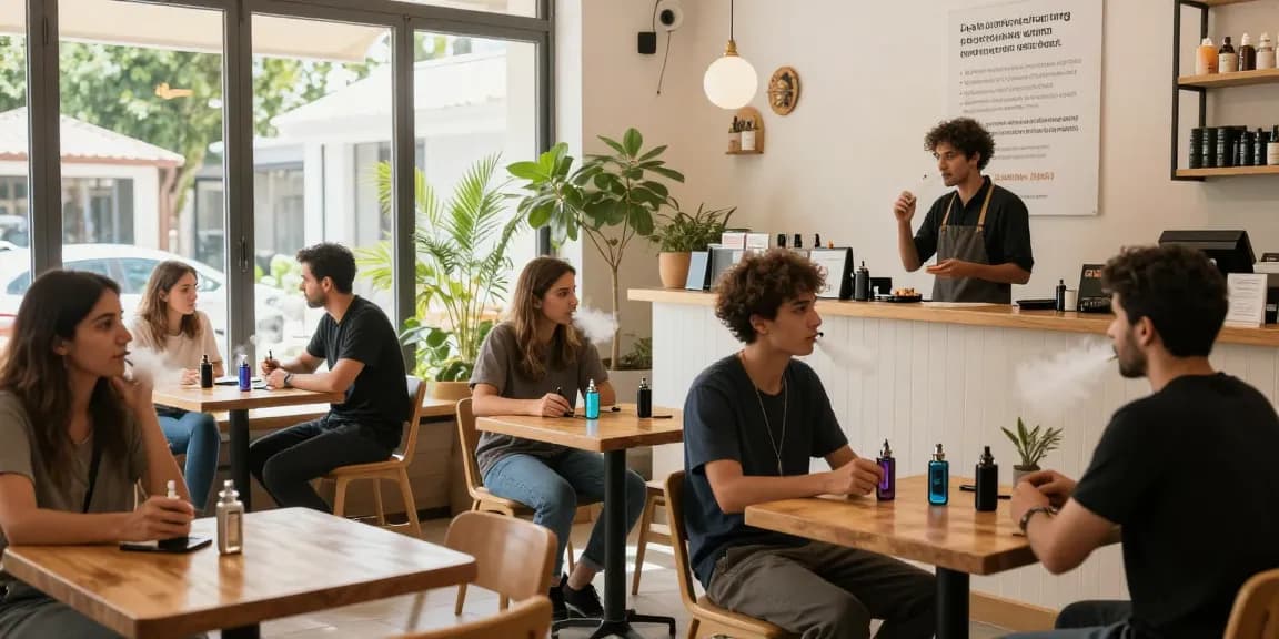 What is the legal vaping age in Cyprus? Customers enjoying a natural wellness environment while discussing vape regulations and products.