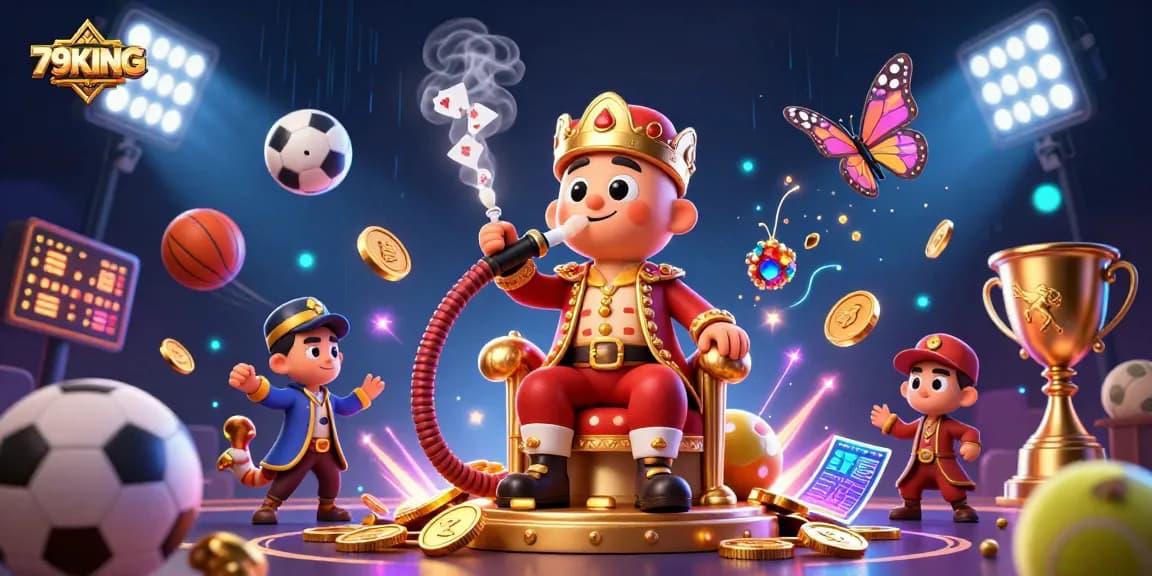Experience 79KING with a vibrant 3D illustration showcasing thrilling sports betting symbols.