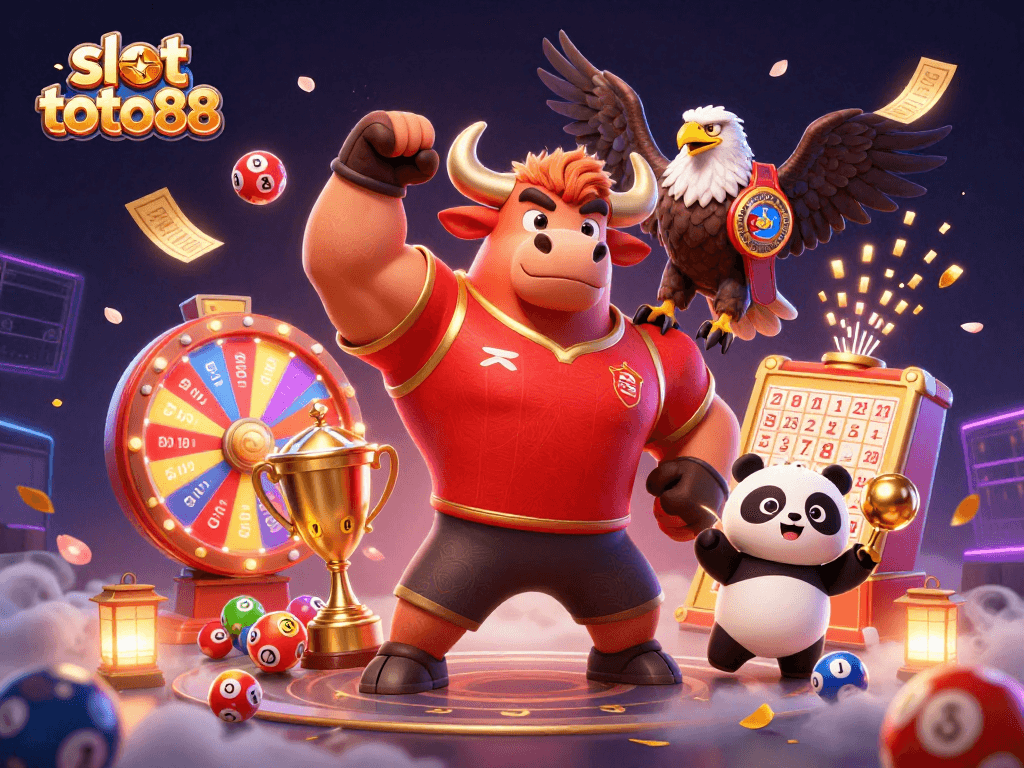 Experience excitement with slot toto88, a vibrant illustration featuring a bull, eagle, and panda celebrating wins.