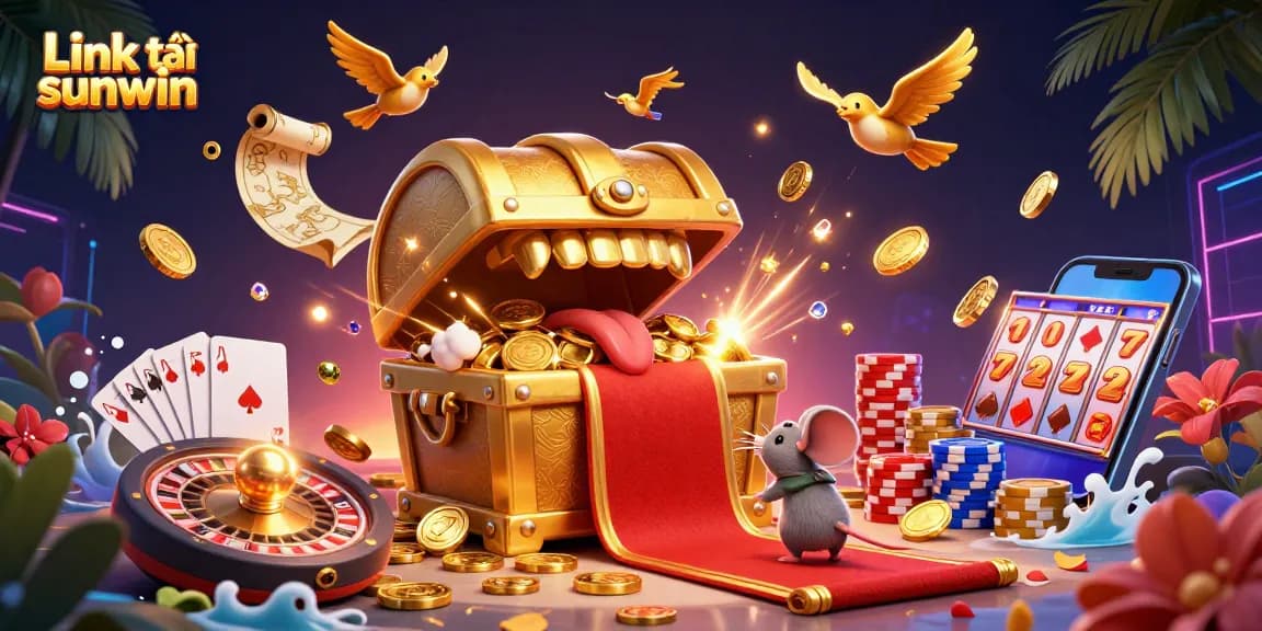 Engage in exciting play with Link tải sunwin, featuring a vibrant casino scene full of treasures.