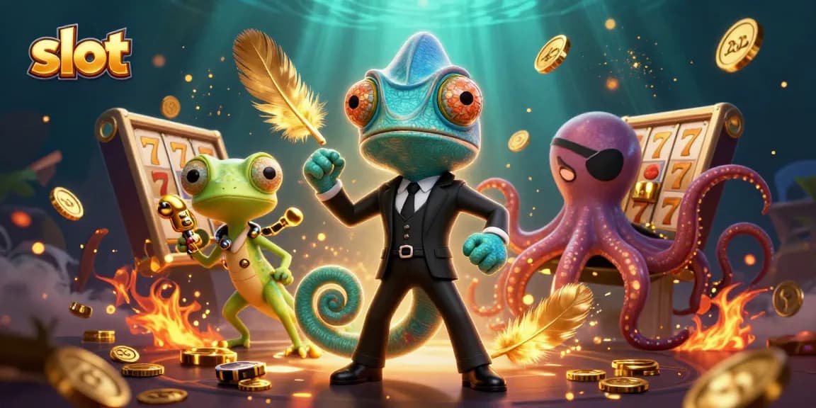 Slot online gacor dengan karakter chameleon, gecko, dan gurita dalam ilustrasi 3D.