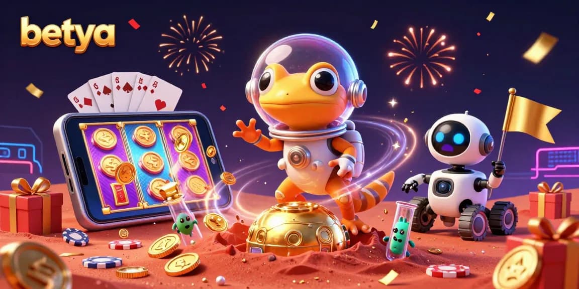 Experience excitement with betya as a Martian gecko finds a golden casino surrounded by amazing game elements.