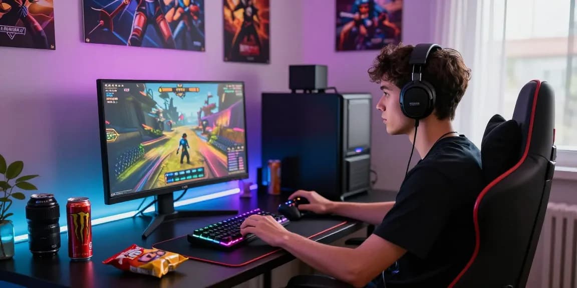 Dynamic gaming setup showcasing https://apkpatti.com with popular modded games, vibrant colors, and an engaging atmosphere.