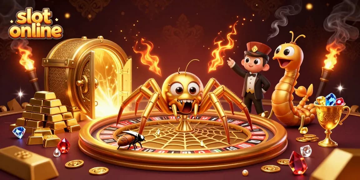 Mainkan slot online dengan karakter unik seperti laba-laba emas dan croupier sentipede di lokasi kasino yang megah.