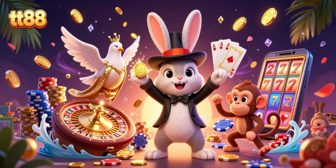 Engage in thrilling gameplay at tt88 with a magician rabbit pulling in golden coins in a vibrant 3D illustration.
