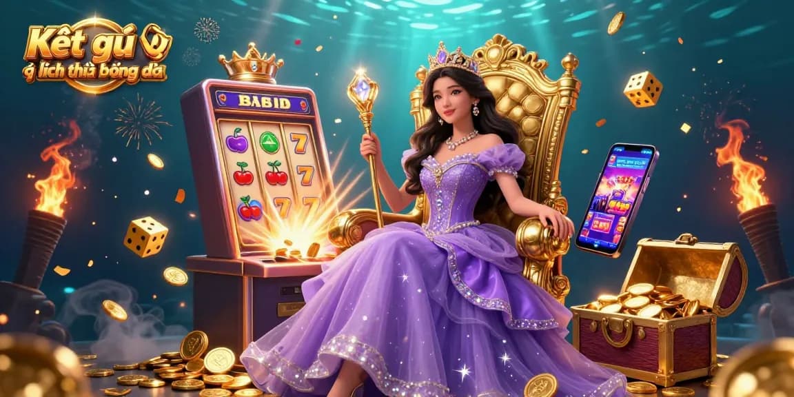 Kết quả và lịch thi đấu bóng đá offers a dynamic scene featuring an elegant Asian princess alongside thrilling casino elements like slot machines and golden treasures.