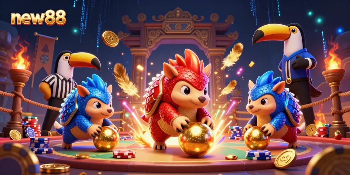 new88 pangolins compete in a dynamic casino scene, surrounded by poker chips and golden coins.