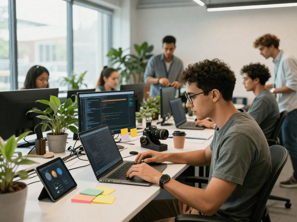 Developer menggunakan wifi4d di coworking space dengan suasana cerah