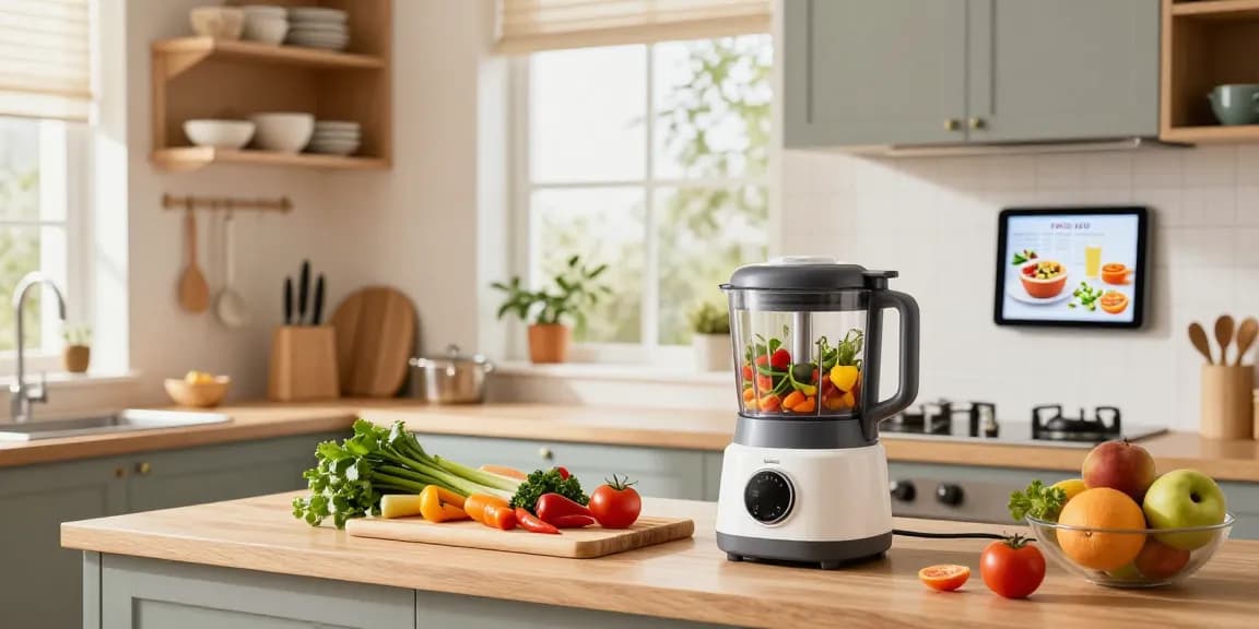 Home cook using smart kitchen gadgets for efficient meal preparation in a bright kitchen.