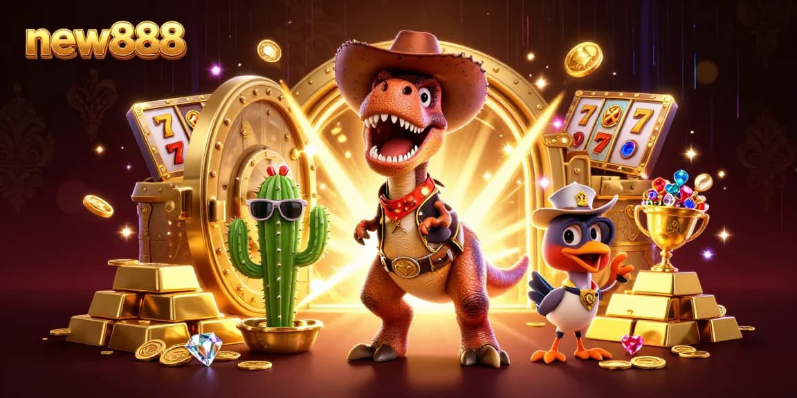 Win big with new888 in a vibrant online casino scene featuring a T-Rex and treasures.