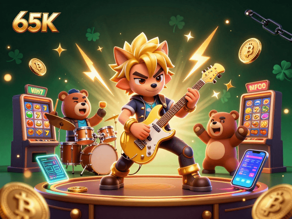 Ative sua sorte com 65K em uma cena vibrante de cassino com personagens e elementos de jogo.