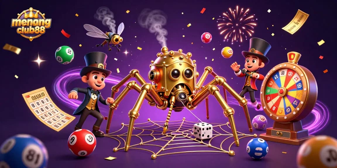 Experience the excitement at menangclub88 with vibrant 3D casino elements celebrating lottery and gaming.