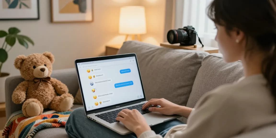 Engaging user interacting with NSFW AI companion on cozy couch, showcasing vibrant chat interface.