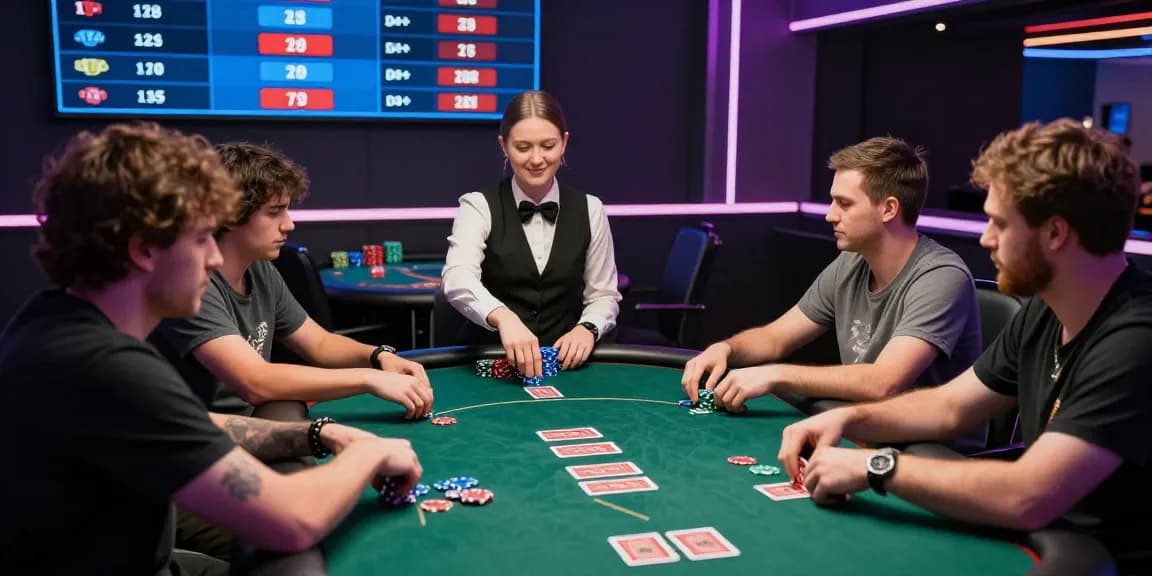 Pemain poker online di Dewapoker bermain dengan semangat, kartu dan chip tersedia di meja, suasana menarik dan profesional.