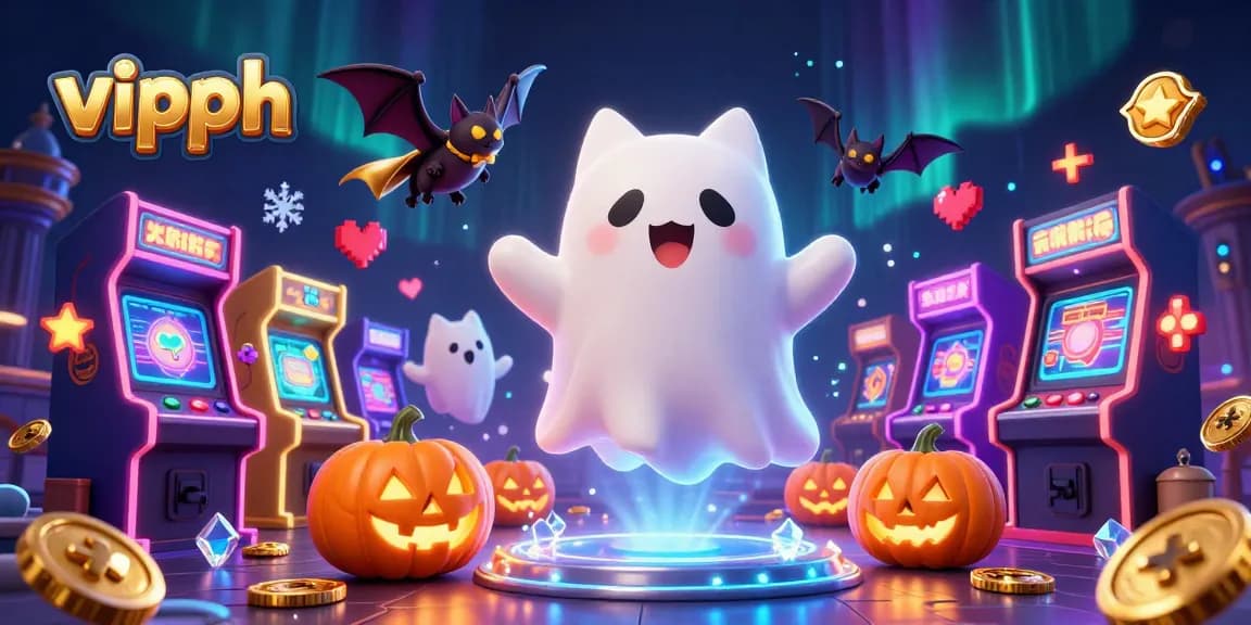 Spin and win with vipph as the ghost cat explores a haunted casino mansion filled with arcade games.