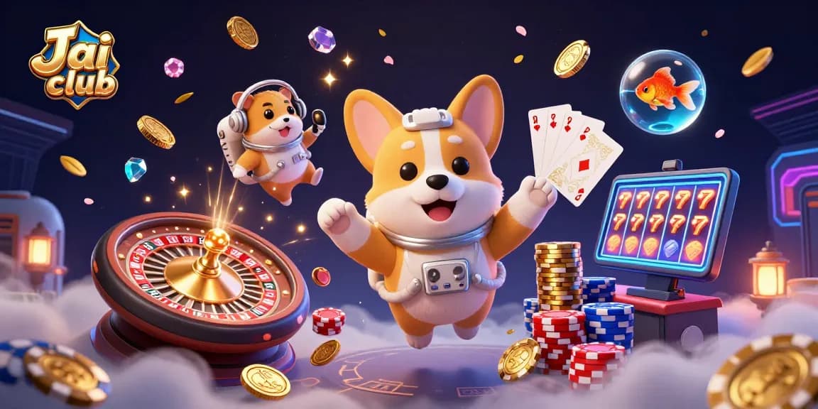 Engage in thrilling gameplay at Jai club with floating games, vibrant colors, and casino elements.