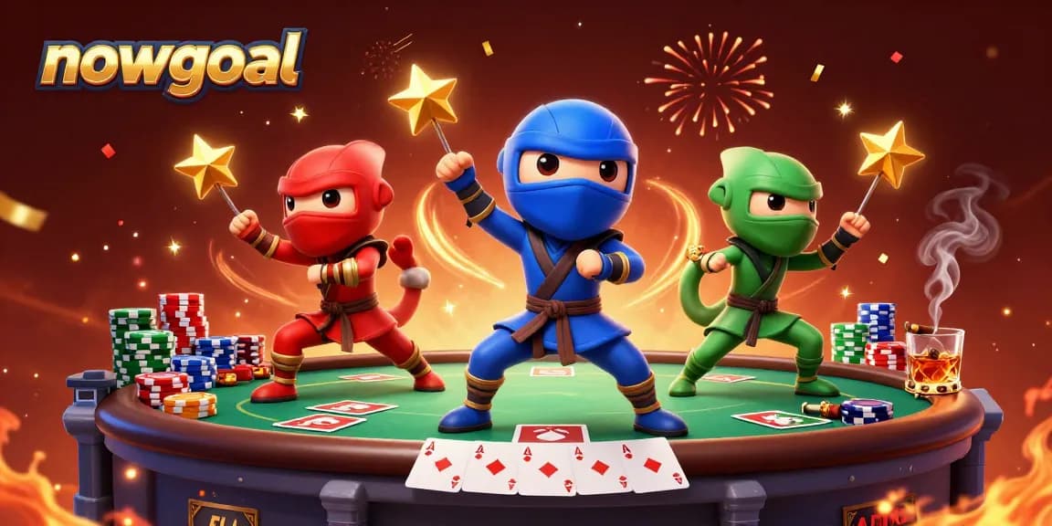 Engage in nowgoal sports betting action with a dynamic ninja chameleon scene amidst poker elements.