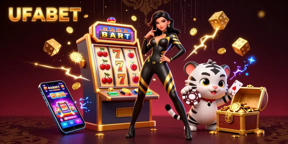 UFABET showcases exciting online gaming with a stunning 3D digital illustration featuring dynamic characters and casino elements.