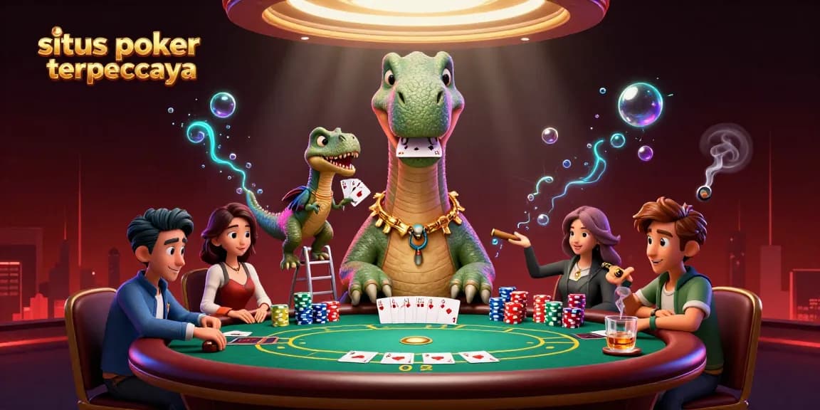 Play at situs poker terpercaya with thrilling poker scenes featuring dinosaur dealers and colorful chips.