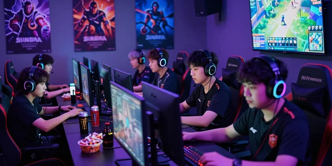 Engaged gamers in a hit club gaming lounge during an esports match.