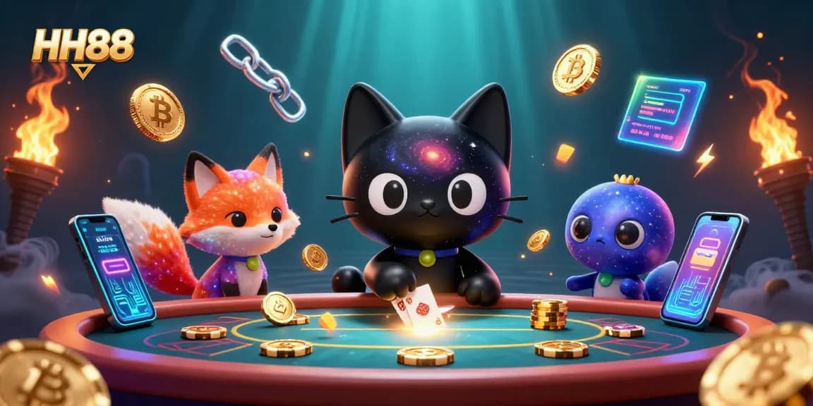 Engage with HH88's cosmic casino universe, featuring vibrant characters and dazzling gaming elements.
