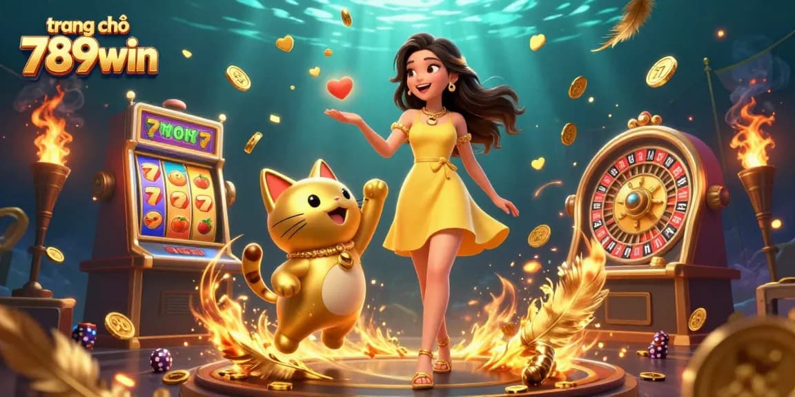 Experience the excitement of trang chủ 789win with a cheerful illustration of a woman and a lucky cat mascot amidst vibrant casino elements.
