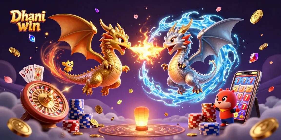 Engage with Dhani win as golden and silver dragons soar through a vibrant casino world.