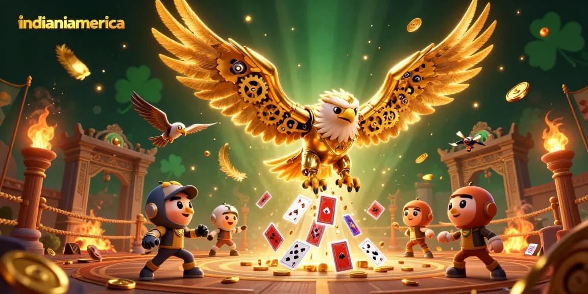 Engage in the vibrant world of indianiamerica with a golden eagle soaring through holographic casino cards.