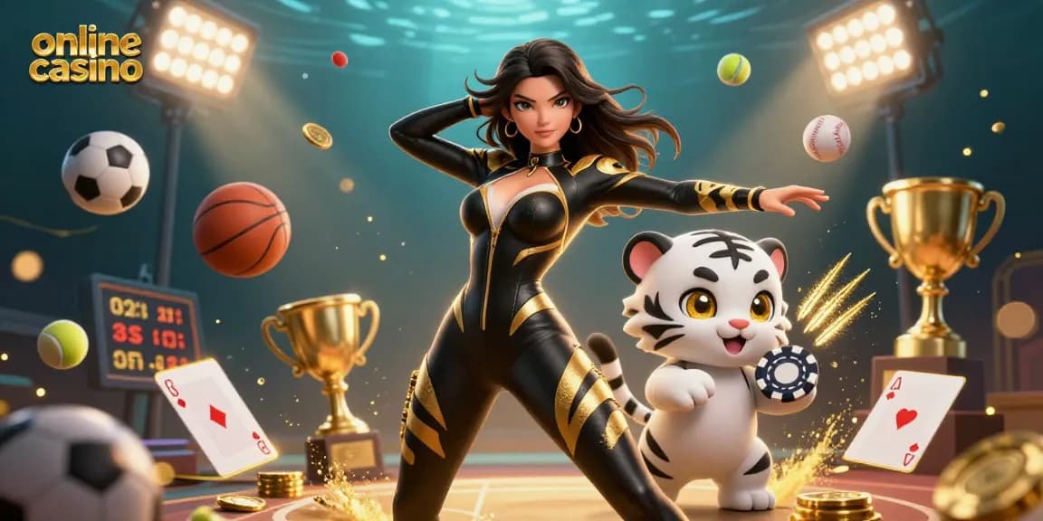 Experience a vibrant online casino scene with a glamorous woman, baby tiger, and thrilling game elements.