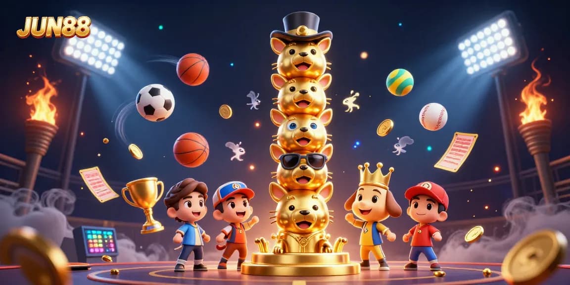 Enjoy thrilling gameplay at JUN88 with dynamic sports elements in a vibrant casino illustration.