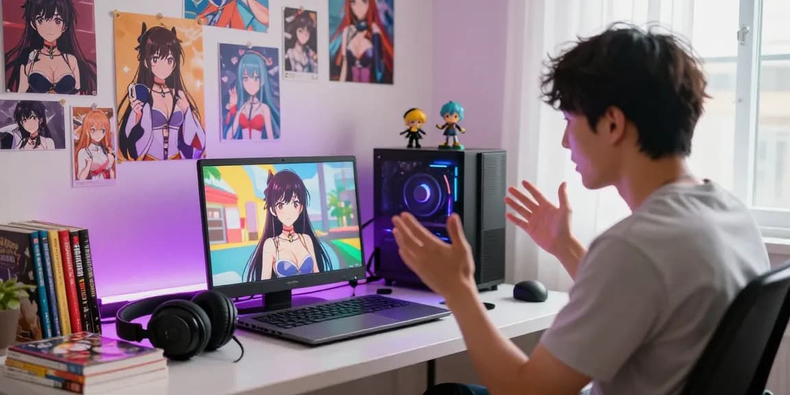 User engaging in a vibrant hentai chat with an anime character in a colorful bedroom.