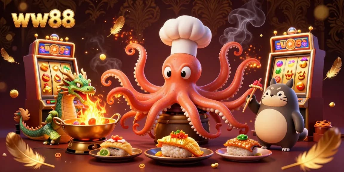 Experience thrilling moments at ww88 as a colorful tanuki watches a chef octopus serve gold dishes and a dragon breathes fire.