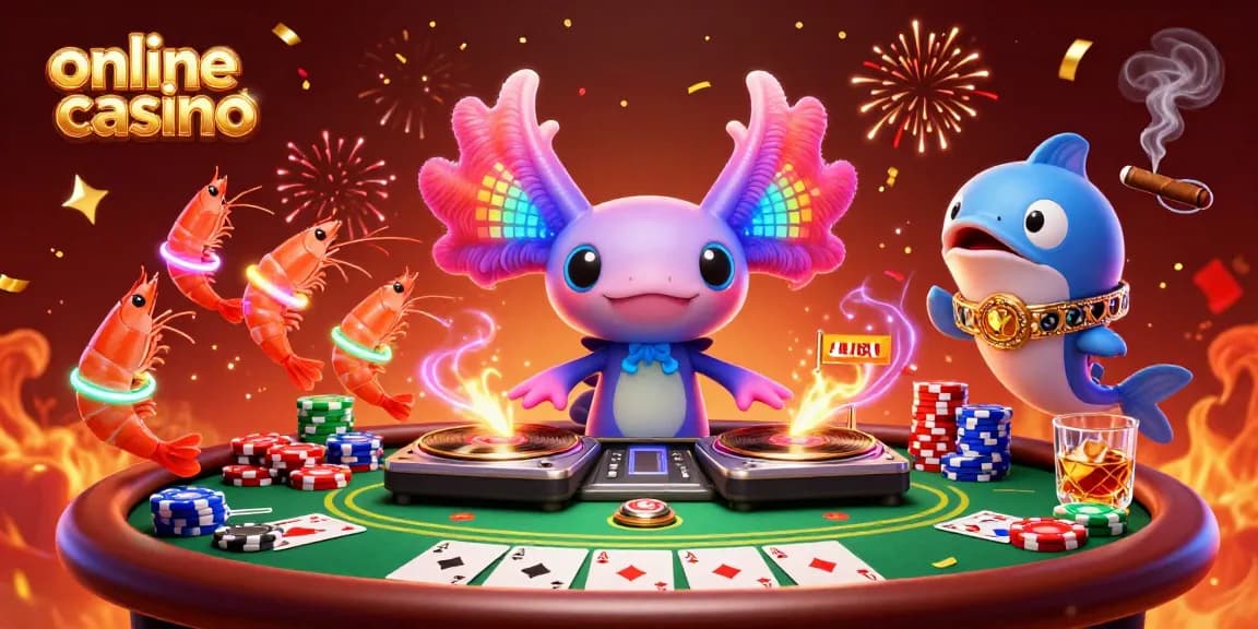 Experience vibrant excitement at this online casino scene featuring a DJ axolotl and poker elements.