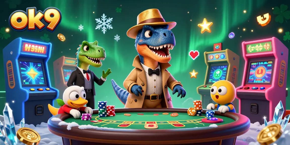 Experience thrilling gaming adventures with ok9 as the velociraptor card counter interacts in a vibrant casino atmosphere.