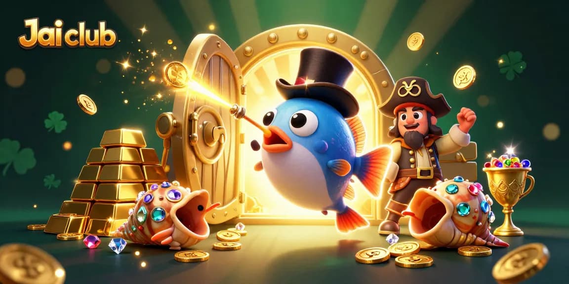 Engage in thrilling gameplay with Jai club as the anglerfish attracts golden coins amidst a vibrant treasure-filled scene.