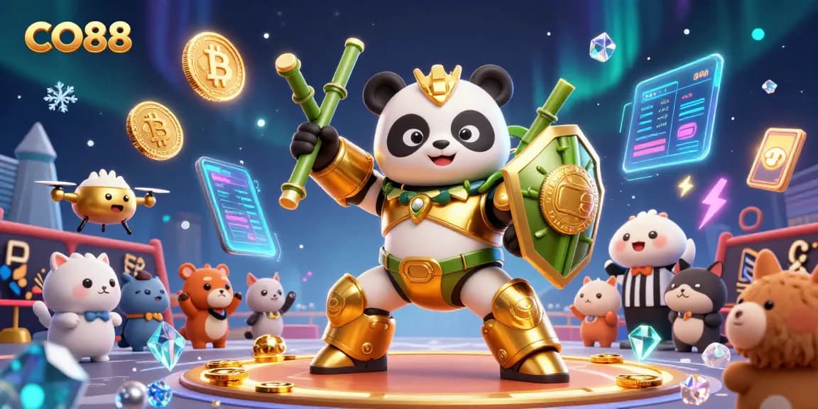 CO88 showcases a thrilling gambling scene with a mech-suit panda and vibrant crypto elements in action.