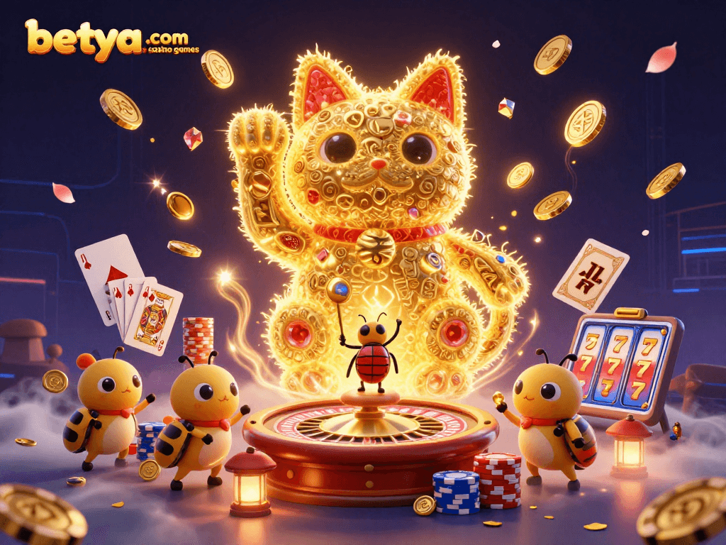 Engage with betya.com casino games featuring a giant lucky cat and dynamic casino symbols.