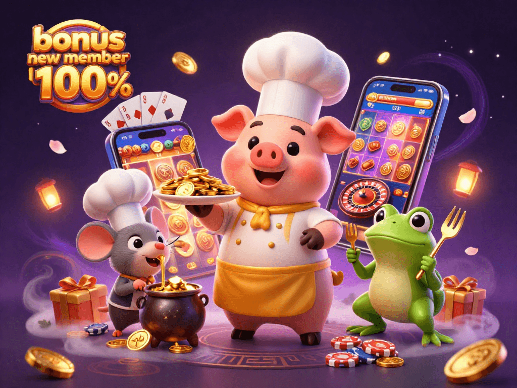 Experience the excitement with bonus new member 100% and vibrant casino elements swirling around.