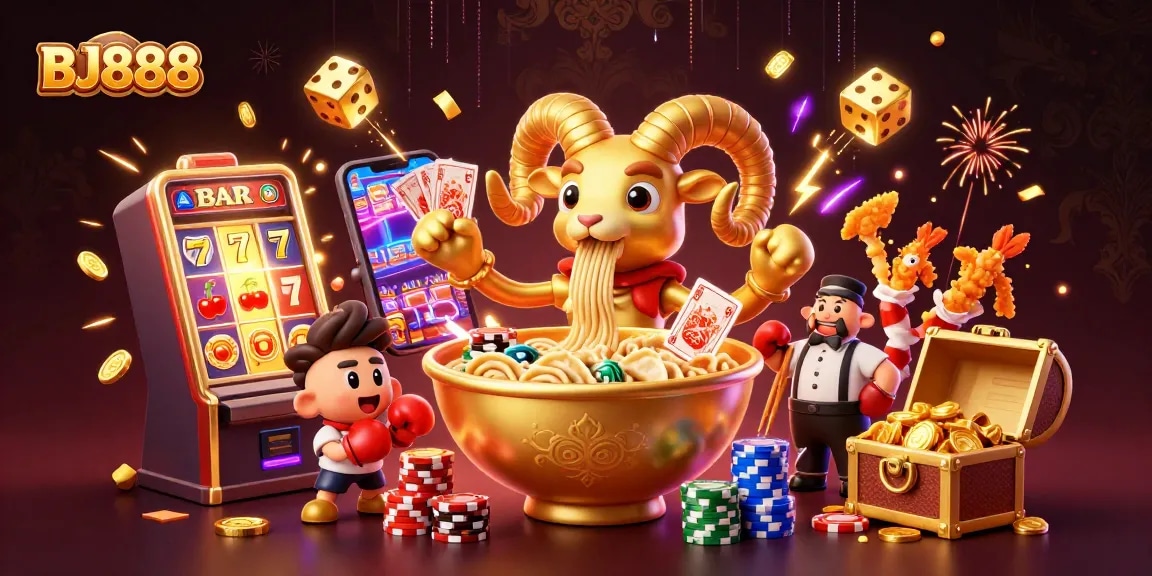 Experience the thrill of BJ888 with vibrant casino characters in an exciting gaming scene.