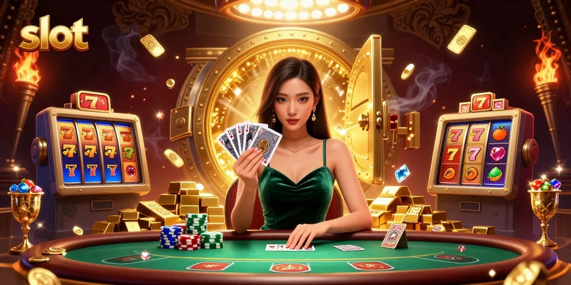 Experience captivating slot action with a stunning Asian dealer in luxury casino setting.