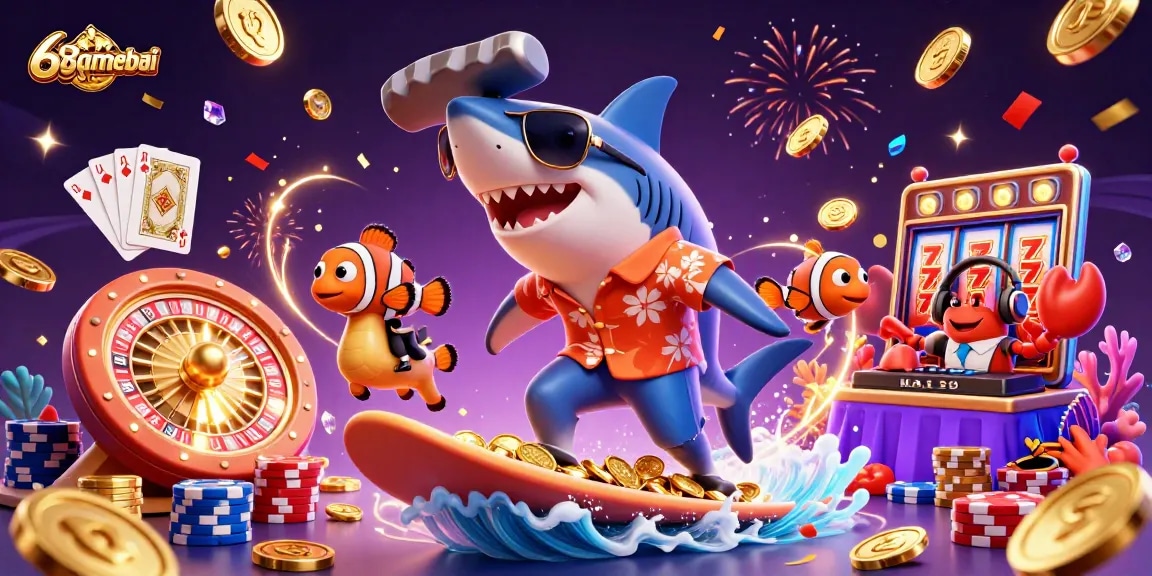 Surf the waves of fortune with 68gamebai's vibrant casino adventure illustration.