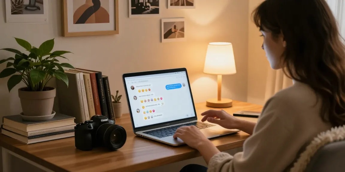 Person chatting with an AI girlfriend in a cozy home study, warm lighting, and inviting atmosphere.
