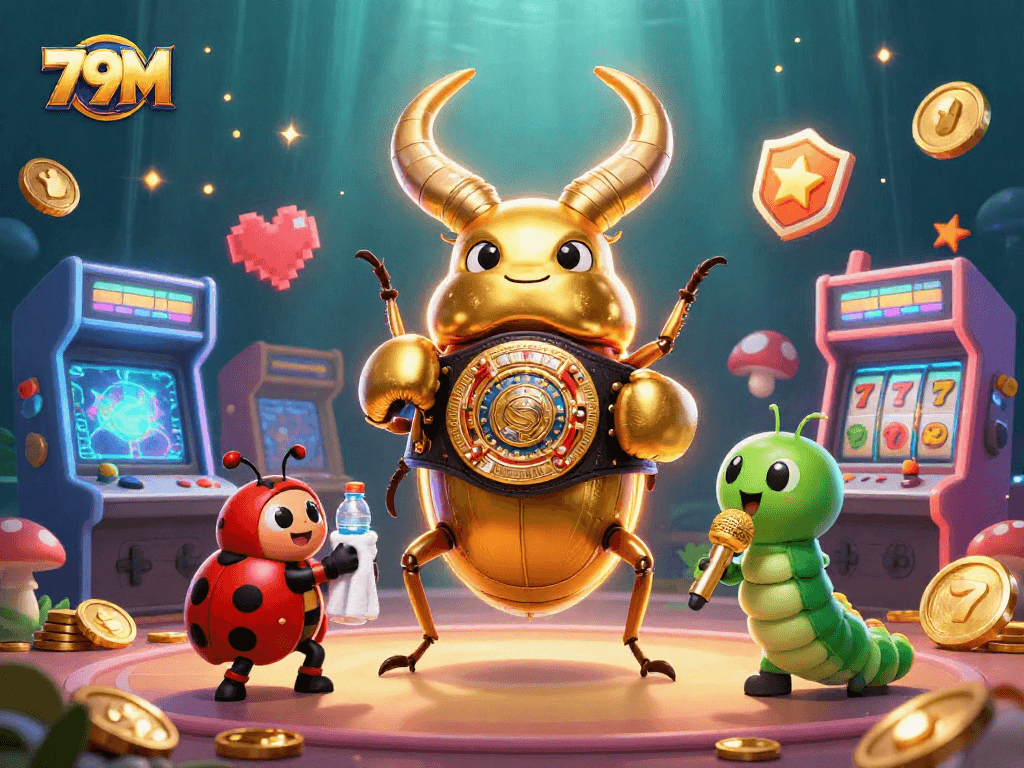 Ilustração 3D do 79M mostrando um besouro dourado e um ringue de cassino vibrante em ação.
