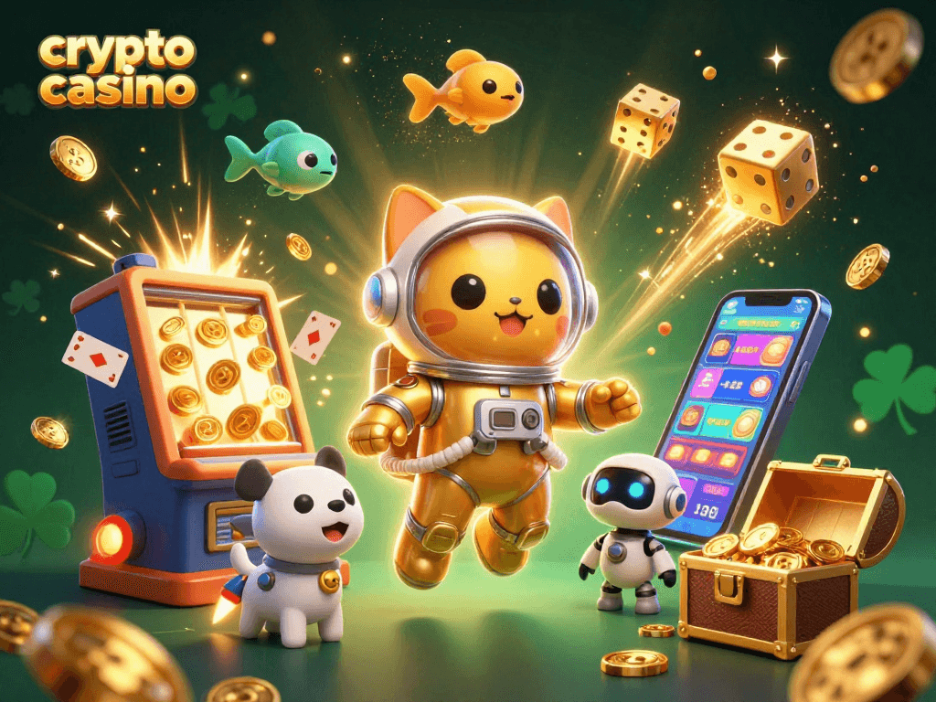 Experience the thrill of a crypto casino with an astronaut cat, vibrant slot machines, and Bitcoin coins!