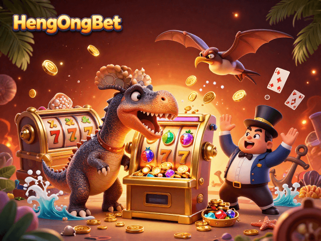 Experience HengOngBet as dinosaurs bring the jackpot to life in this vibrant 3D casino illustration.
