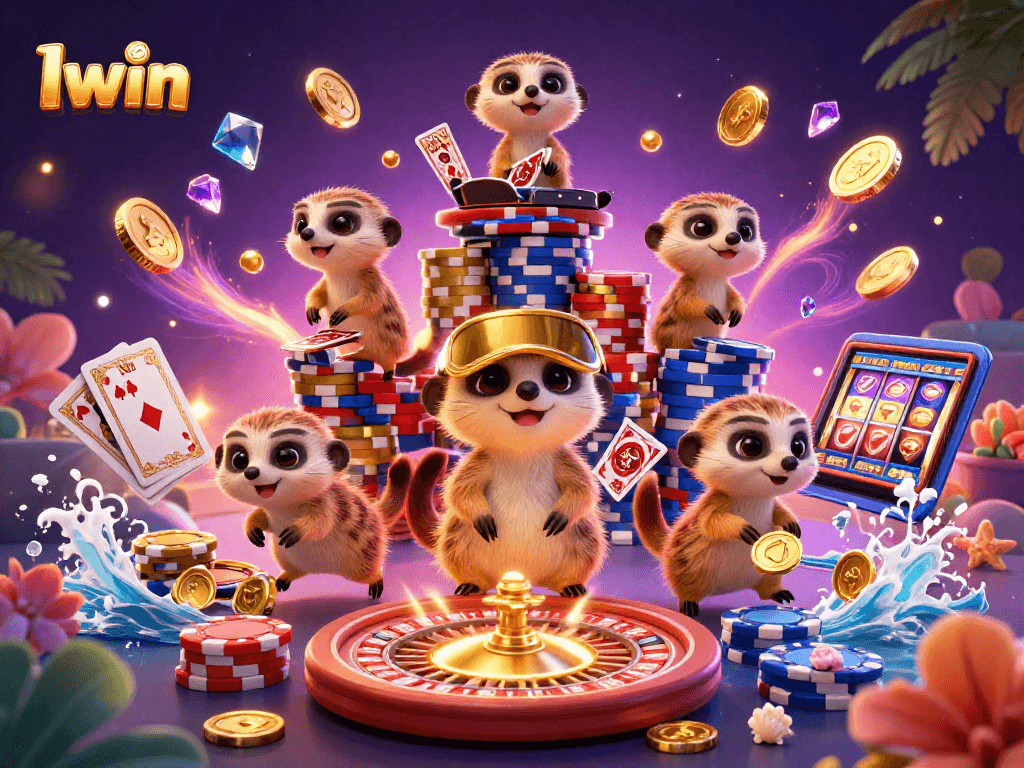 Iwin casino scene with meerkats running games, showcasing vibrant slots and roulette action